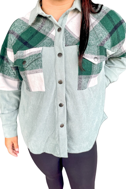 Plaid Patchwork Plus Size Corduroy Shacket