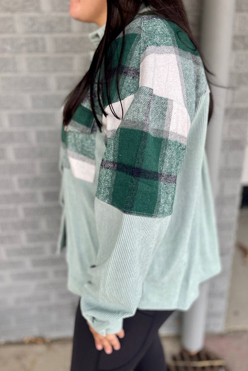 Plaid Patchwork Plus Size Corduroy Shacket