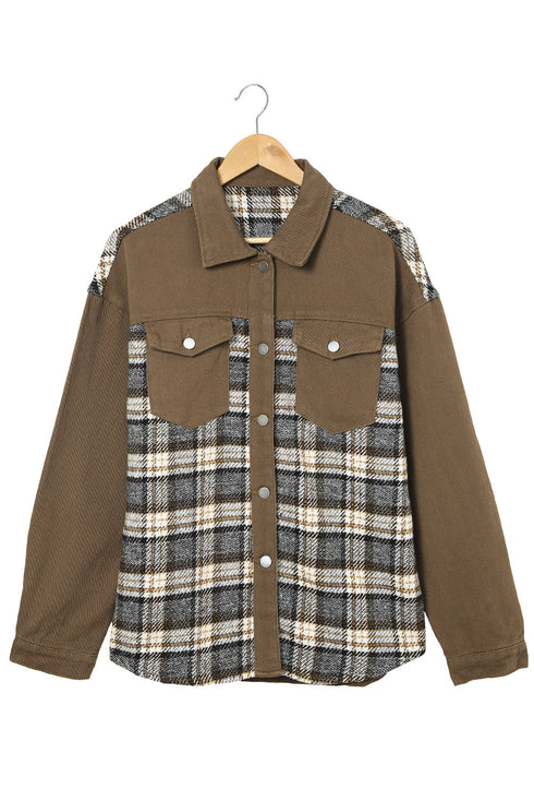 Plaid Patchwork Pockets Denim Jacket