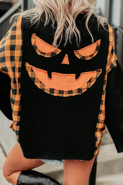 Plaid Patchwork Pumpkin Face Applique Long Sleeve Casual Top