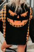 Plaid Patchwork Pumpkin Face Applique Long Sleeve Casual Top