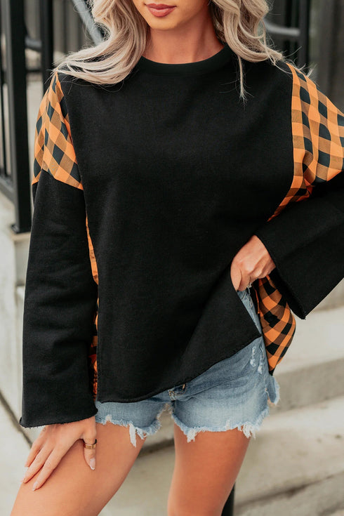 Plaid Patchwork Pumpkin Face Applique Long Sleeve Casual Top
