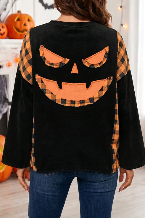 Plaid Patchwork Pumpkin Face Applique Long Sleeve Casual Top