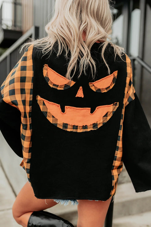 Plaid Patchwork Pumpkin Face Applique Long Sleeve Casual Top