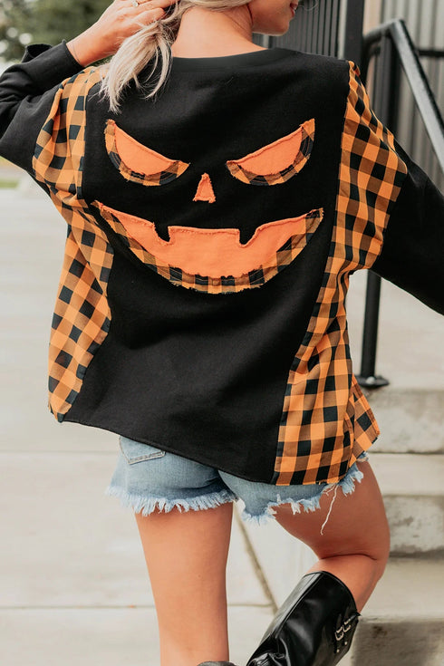 Plaid Patchwork Pumpkin Face Applique Long Sleeve Casual Top