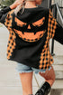 Plaid Patchwork Pumpkin Face Applique Long Sleeve Casual Top