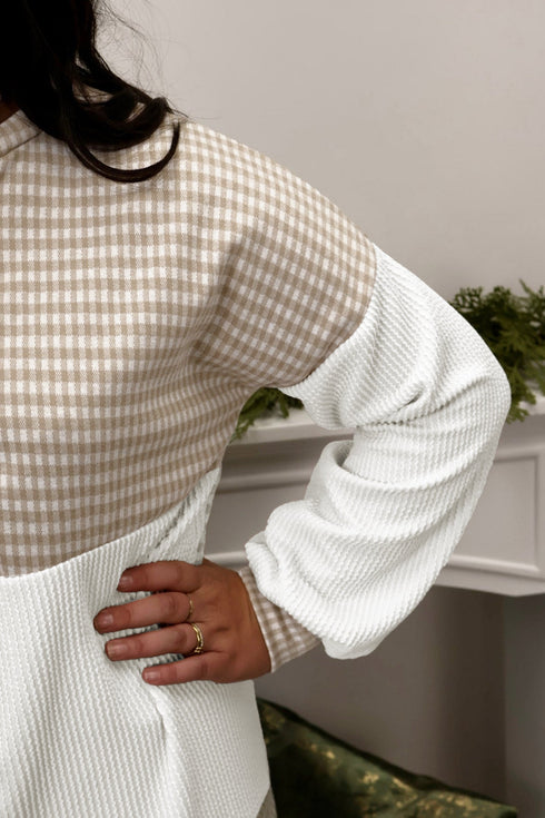 Plaid Patchwork Round Neck Corded Long Sleeve Top