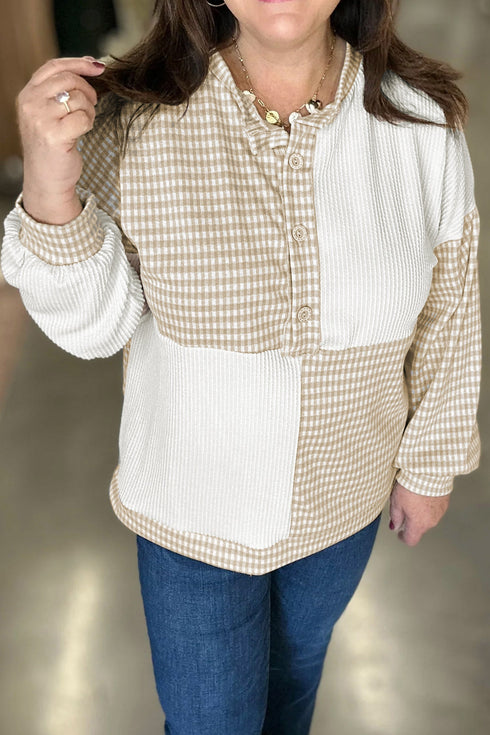 Plaid Patchwork Round Neck Corded Long Sleeve Top