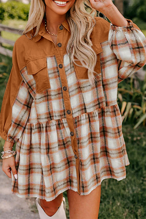 Plaid Patchwork Ruffle Hem Tunic Shirt Mini Dress