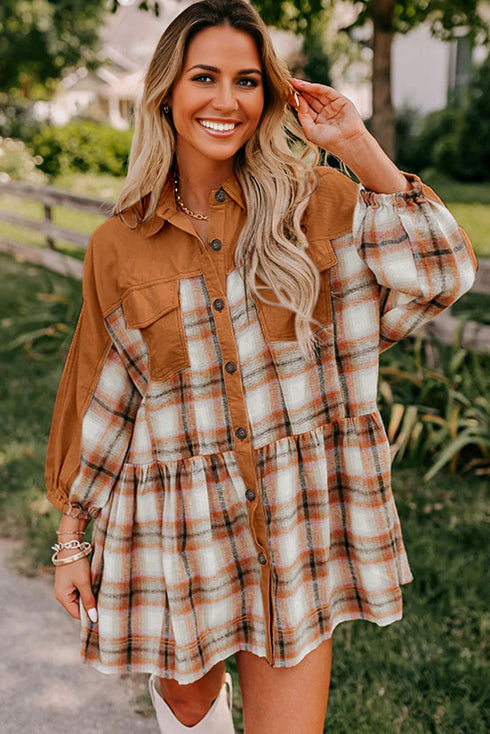 Plaid Patchwork Ruffle Hem Tunic Shirt Mini Dress