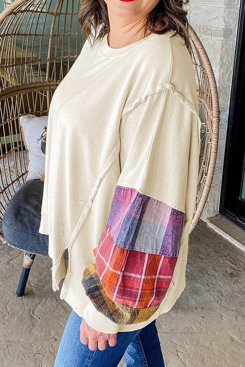 Plaid Patchwork Sleeve Crewneck Stretch Knit Pullover Top