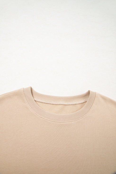 Plaid Patchwork Sleeve Raw Seam Drop Shoulder Crewneck Sweatshirt