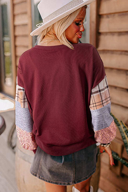 Plaid Patchwork Sleeve Raw Seam Drop Shoulder Crewneck Sweatshirt