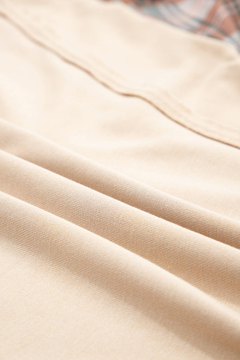 Plaid Patchwork Sleeve Raw Seam Drop Shoulder Crewneck Sweatshirt