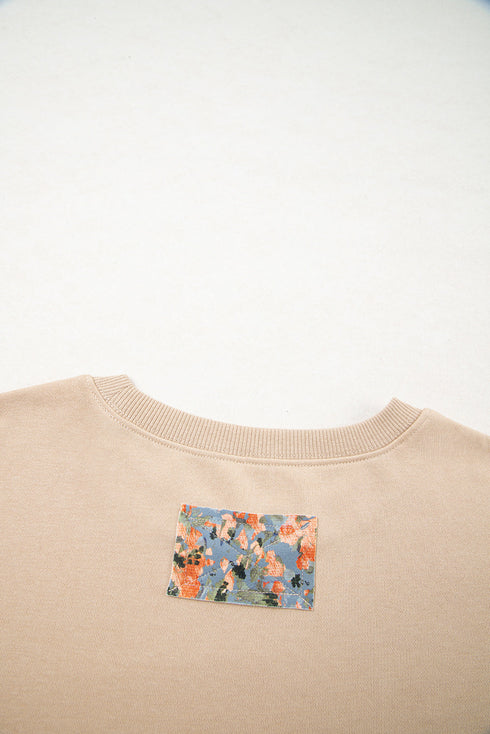 Plaid Patchwork Sleeve Raw Seam Drop Shoulder Crewneck Sweatshirt