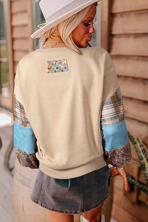 Plaid Patchwork Sleeve Raw Seam Drop Shoulder Crewneck Sweatshirt