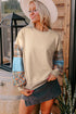 Plaid Patchwork Sleeve Raw Seam Drop Shoulder Crewneck Sweatshirt