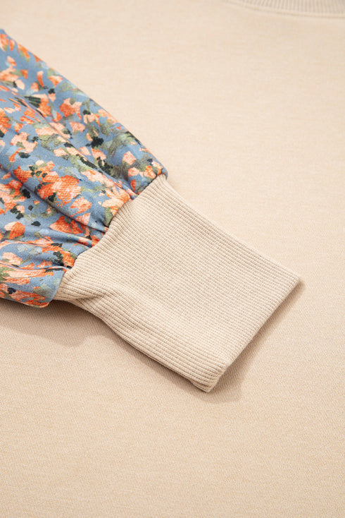 Plaid Patchwork Sleeve Raw Seam Drop Shoulder Crewneck Sweatshirt