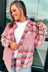 Plaid Patchwork Waffle Knit Dual Chest Pockets Button Front Drop Shoulder Shacket