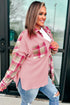 Plaid Patchwork Waffle Knit Dual Chest Pockets Button Front Drop Shoulder Shacket