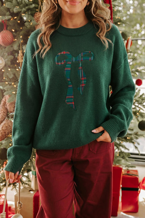 Plaid Pattern Bow Detail Applique Drop Shoulder Sweater