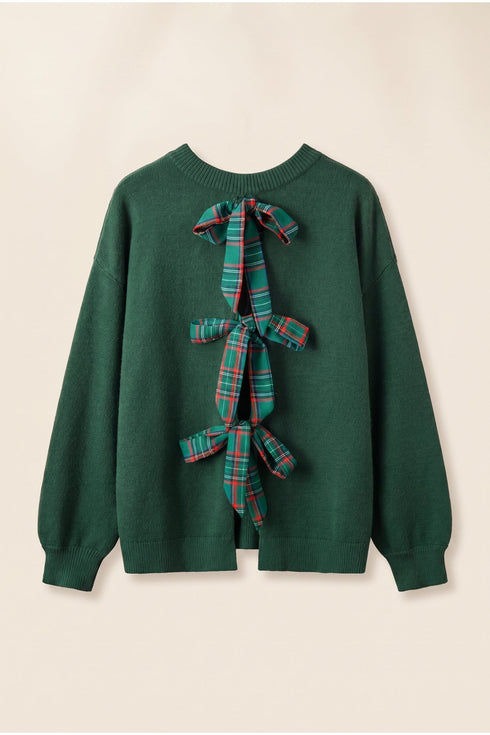 Plaid Pattern Bow Detail Applique Drop Shoulder Sweater