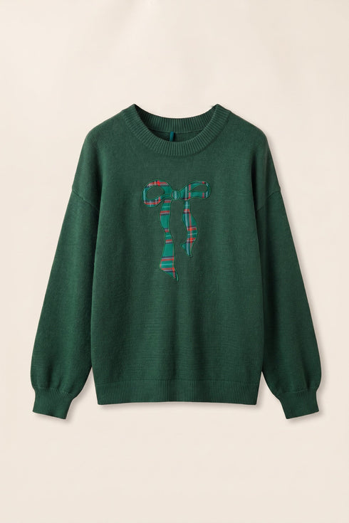 Plaid Pattern Bow Detail Applique Drop Shoulder Sweater