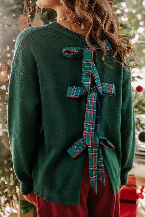 Plaid Pattern Bow Detail Applique Drop Shoulder Sweater