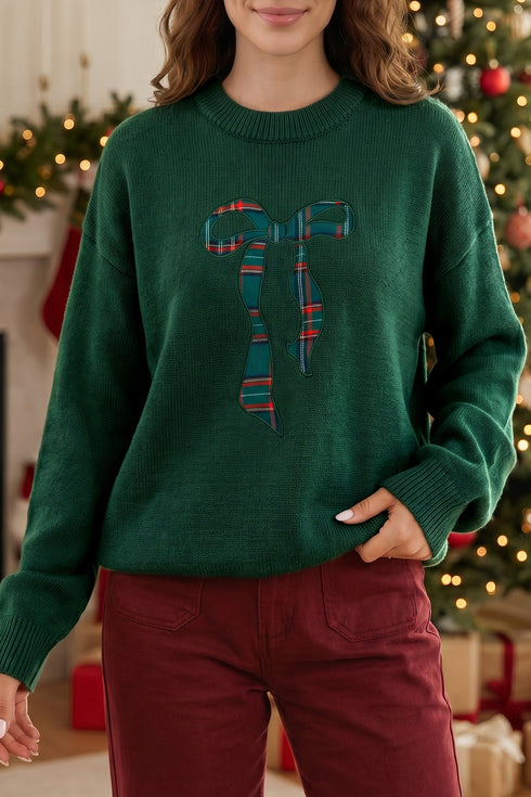 Plaid Pattern Bow Detail Applique Drop Shoulder Sweater