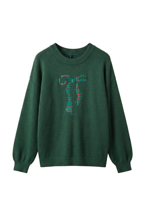 Plaid Pattern Bow Detail Applique Drop Shoulder Sweater