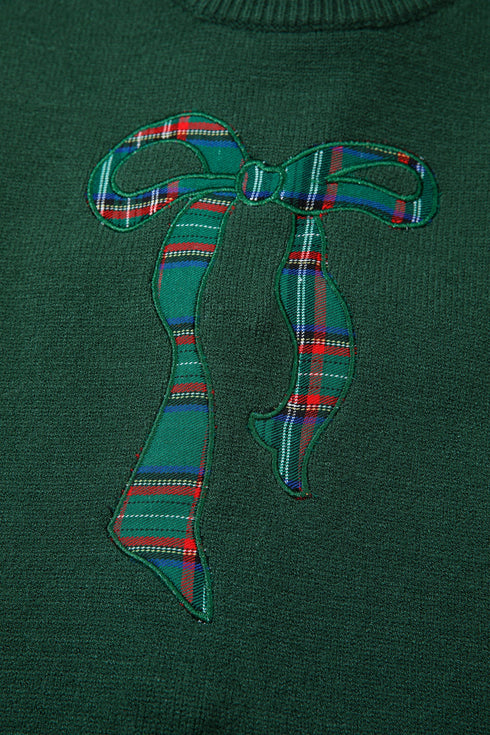 Plaid Pattern Bow Detail Applique Drop Shoulder Sweater