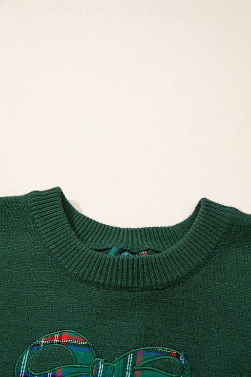 Plaid Pattern Bow Detail Applique Drop Shoulder Sweater