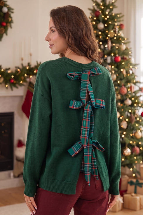 Plaid Pattern Bow Detail Applique Drop Shoulder Sweater
