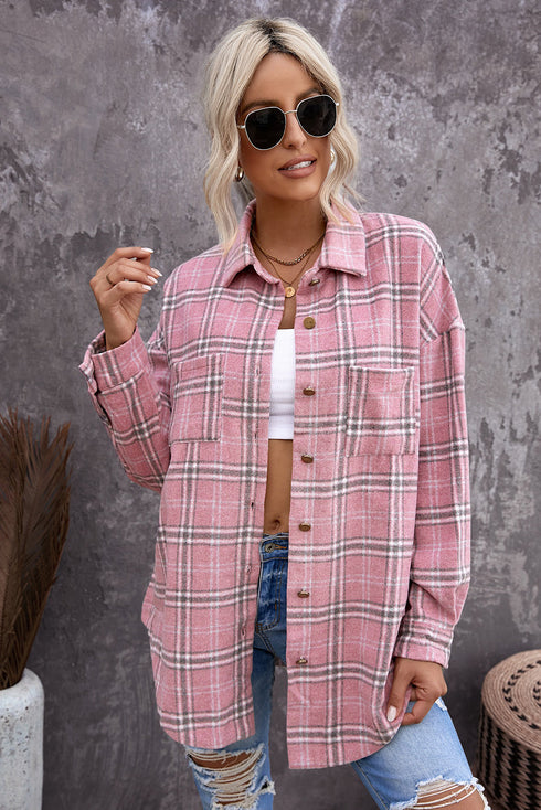 Plaid Pattern Buttoned Shirt Coat With Slits