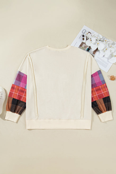 Plaid Pattern Patchwork Sleeve Pullover Long Sleeve Top