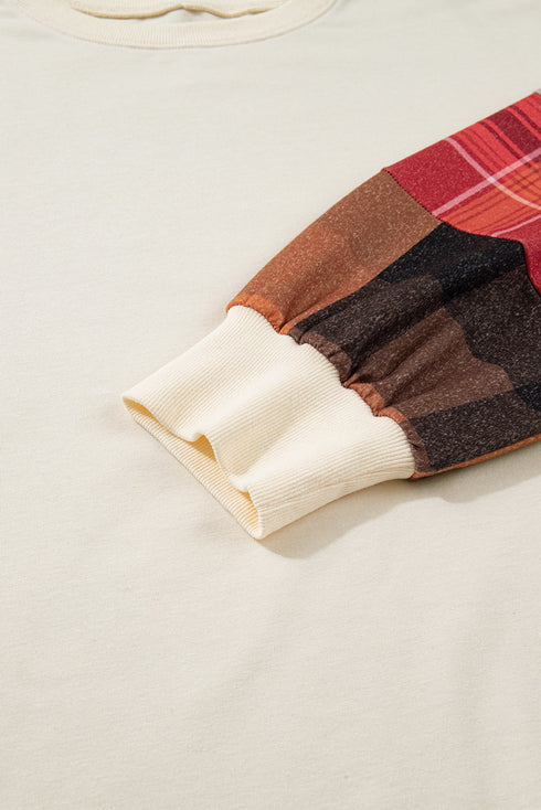 Plaid Pattern Patchwork Sleeve Pullover Long Sleeve Top