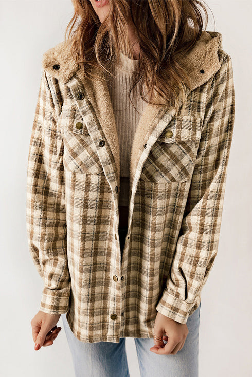Plaid Pattern Sherpa Lined Hooded Shacket