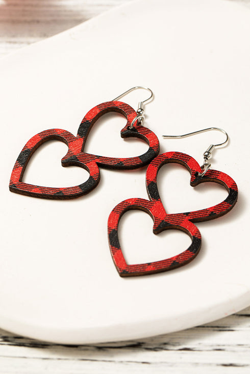 Plaid Patterned Double Heart Tiered Wooden Dangle Earrings
