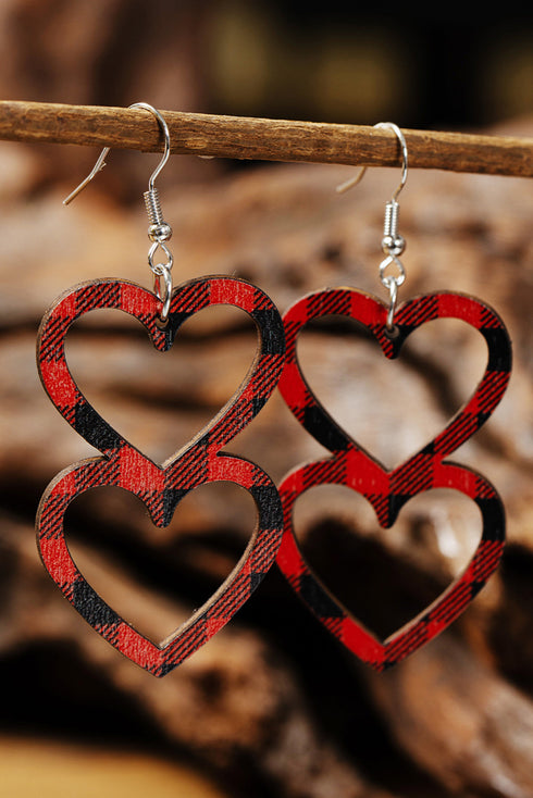 Plaid Patterned Double Heart Tiered Wooden Dangle Earrings