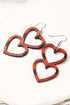 Plaid Patterned Double Heart Tiered Wooden Dangle Earrings