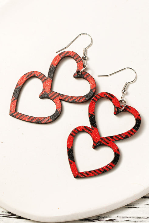 Plaid Patterned Double Heart Tiered Wooden Dangle Earrings