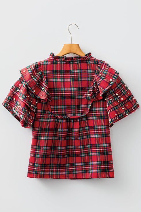 Plaid Pearl Embellished Ruffle Short Sleeve Blouse