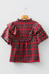Plaid Pearl Embellished Ruffle Short Sleeve Blouse