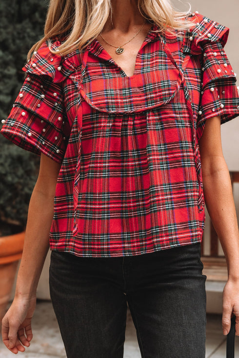 Plaid Pearl Embellished Ruffle Short Sleeve Blouse