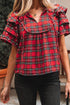 Plaid Pearl Embellished Ruffle Short Sleeve Blouse