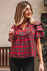 Plaid Pearl Embellished Ruffle Short Sleeve Blouse