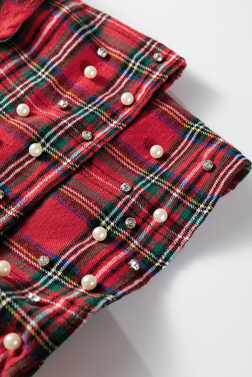 Plaid Pearl Embellished Ruffle Short Sleeve Blouse