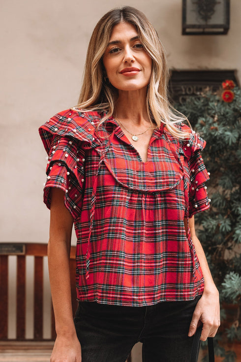 Plaid Pearl Embellished Ruffle Short Sleeve Blouse