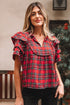Plaid Pearl Embellished Ruffle Short Sleeve Blouse
