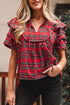 Plaid Pearl Embellished Ruffle Short Sleeve Blouse